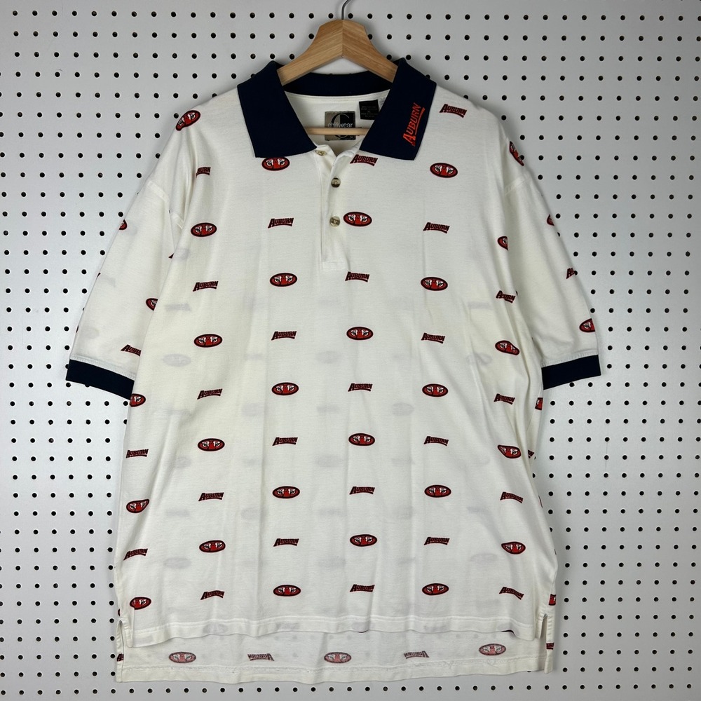 Auburn Tigers All Over Print Polo Shirt Men XL White Cotton 90s Chiliwear Cotton